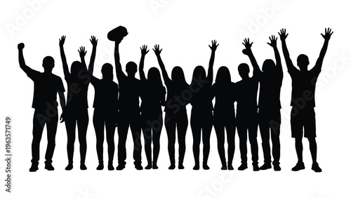 Silhouette of a group of people celebrating with raised arms