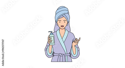 Woman in purple bathrobe and blue towel on head holding skincare product in modern pastel color illustration for beauty and skincare advertising