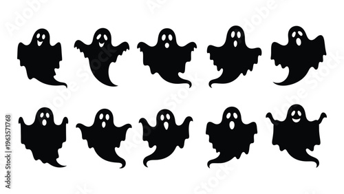 Eight black silhouette ghosts on white background