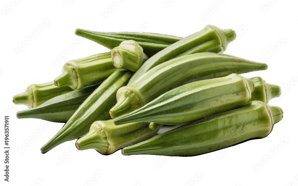 Obraz premium Pile of fresh green okra pods with stem and fuzzy texture isolated on white background - healthy vegetable for cooking and vegetarian meals with food and drink