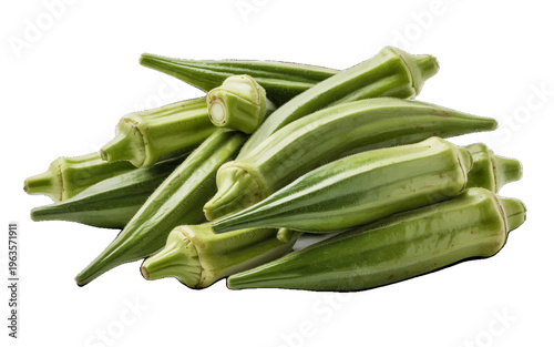 Pile of fresh green okra pods with stem and fuzzy texture isolated on white background - healthy vegetable for cooking and vegetarian meals with food and drink