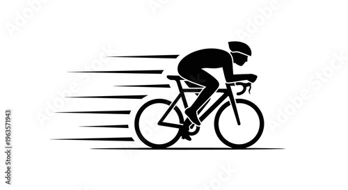 Dynamic silhouette of a male cyclist riding a racing bicycle with speed lines, isolated white background.