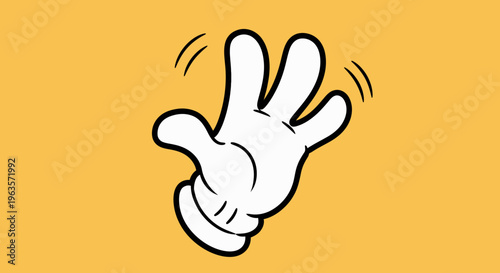 Cartoon hand waving hello or goodbye gesture on a bright orange background.