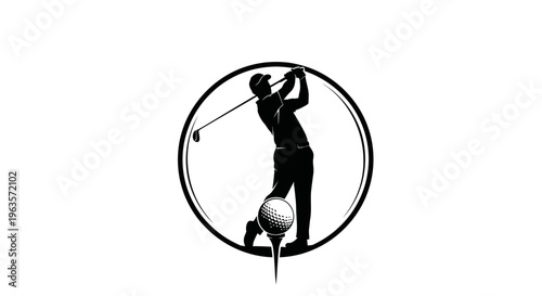 Circular Icon of a Male Golfer Taking a Swing with Golf Ball on Tee, Isolated White Background