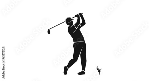 Silhouette of a Male Golfer Finishing a Powerful Swing with a Golf Club and Ball, Isolated White Background