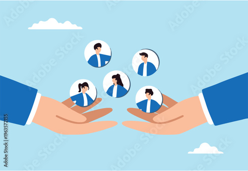 Flat illustration of businessman hand holds customer carefully symbolizing customer retention and loyalty