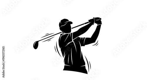 Dynamic Silhouette of a Male Golfer Mid-Swing with Golf Club, Isolated White Background