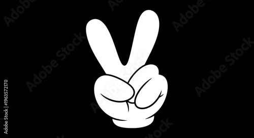 Cartoon Hand Making Victory or Peace Sign, Positive Gesture on Black Background