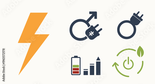 Collection of Energy and Power Icons with Lightning Bolt, Battery, Gender Power Symbols in Bright Studio