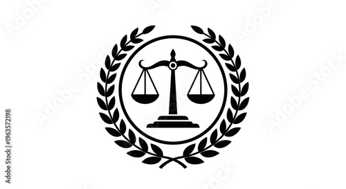 Justice Scales with Laurel Wreath, Symbol of Law and Balance on Isolated White Background