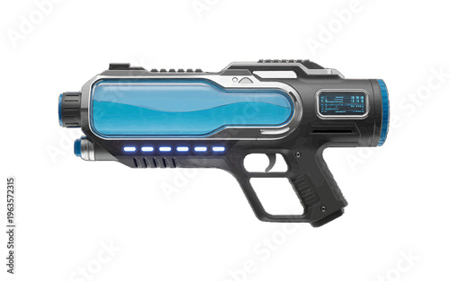 Advanced sci-fi blaster with blue energy core and digital display, isolated, energy weapon, futuristic gun, science fiction, laser pistol, glowing lights, digital art, white background