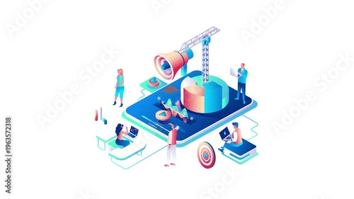Animated isometric digital marketing analytics scene with megaphone and team