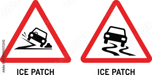Warning signs for ice patches on the road