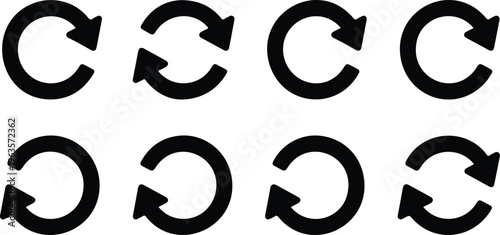 Flat line art vector of eight black circular arrows arranged in two rows creating simple clean repeating clockwise pattern design
