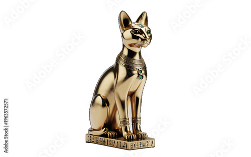 Ancient egyptian golden statue of bastet cat goddess with green eyes and hieroglyphs on base with white background