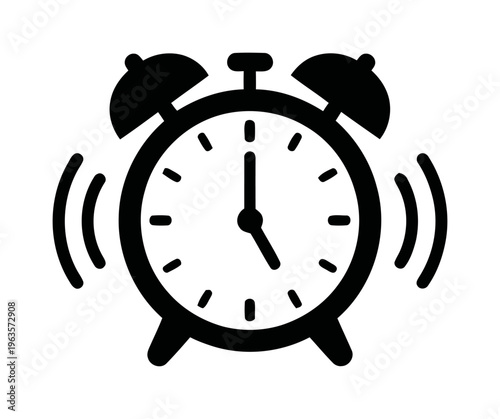 Ringing alarm clock icon represents morning wake up and time management | Black minimalist vector symbol for deadline alerts and scheduling