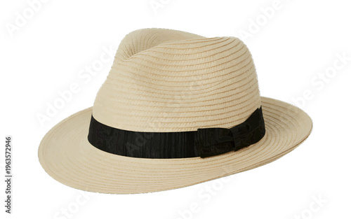 Classic straw fedora hat with black ribbon band, summer fashion accessory for men and women, isolated, white background, cut out