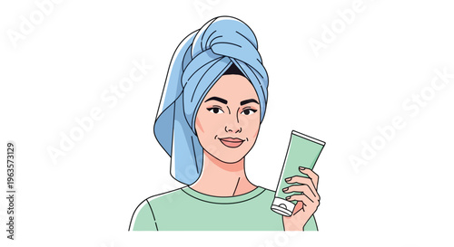 Woman with blue towel on head in mint green shirt holding smartphone in modern flat illustration for beauty and technology
