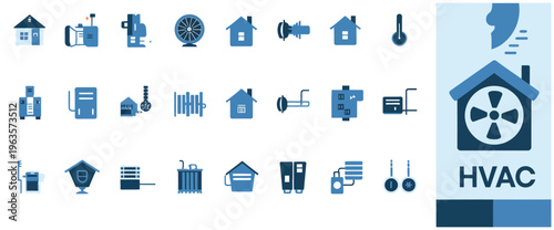 HVAC system icons and symbols for heating, ventilation, and air conditioning industry