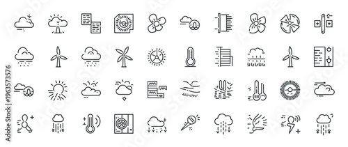 Collection of various eco friendly and sustainable energy icons in line style