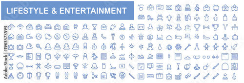 Collection of lifestyle and entertainment icons in blue vector graphics, various activities and hobbies.