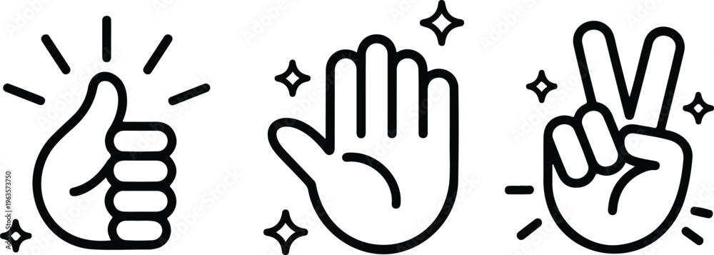 Fototapeta premium Minimalist line art of three hand gestures including thumbs up, open palm, and peace sign modern clean vector illustration