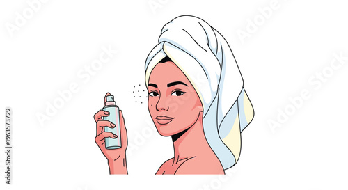 Woman with towel on head spraying facial toner in soft pastel colors for skincare routine