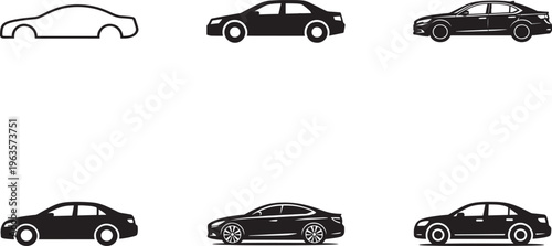 Car icon set with simple and detailed auto symbols. Sedan vehicle silhouettes for transport design.