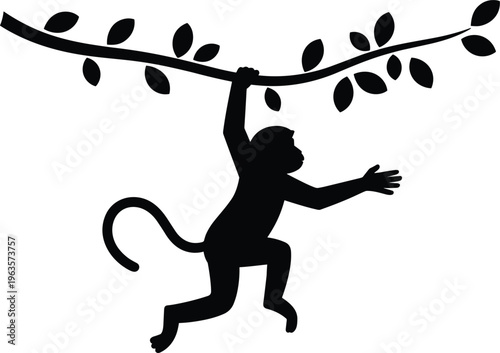 Monkey hanging from tree branch silhouette, tropical jungle animal vector, and forest wildlife nature concept