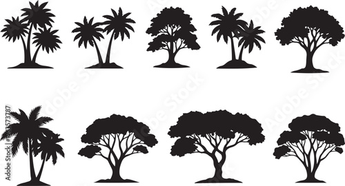 Collection of tree silhouettes including palm trees and deciduous trees in black outline