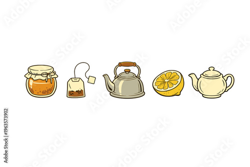 Warm tea preparation using jar of honey, tea bag, kettle, lemon, and teapot on a simple table