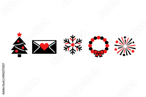 Free Download Design of holiday symbols with a Christmas tree, envelope, snowflake, wreath, and fireworks on a white background - GFXLoad