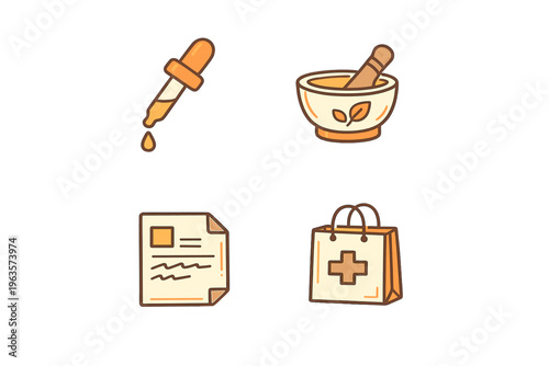 Tools used in herbal medicine preparation including dropper, mortar, recipe, and medical bag
