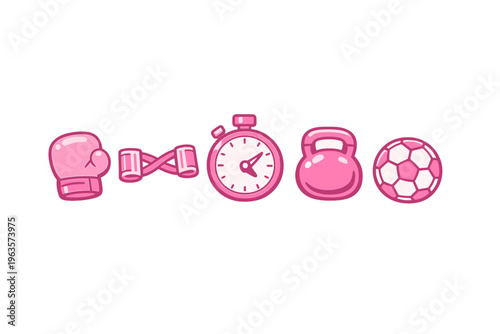 Sports equipment and fitness tools arranged in a line showing different activities and workouts used for exercise and training