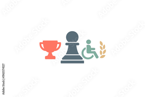 Chess pieces, trophy, and symbol of accessibility in an event showing diverse participation and competition in games