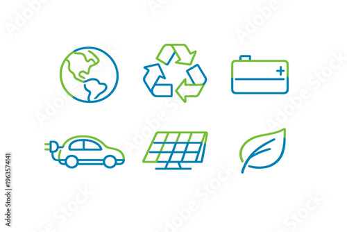 Various symbols representing sustainability and clean energy practices in modern society around the world