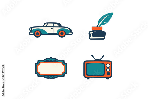 Vintage objects display in colorful designs featuring a car, ink bottle, quill, blank label, and a television set