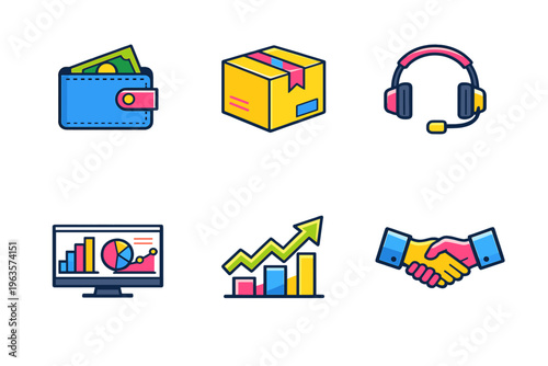 Icons showing wallet, package, headset, monitor with charts, growth graph, and handshake in a business setting