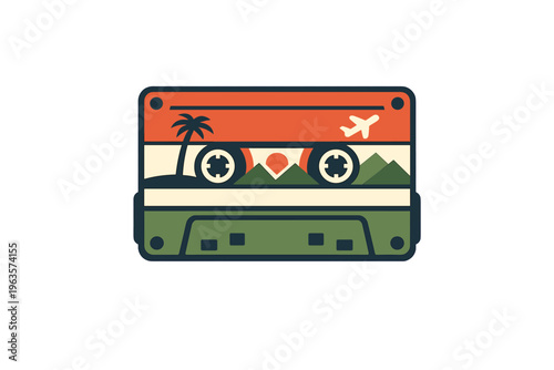 Retro cassette tape design with travel themes and nature elements in a simple style