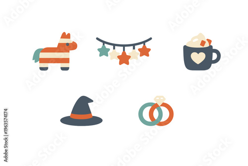 Fun collection of party items including a pinata, hat, drinks, and decorations for a celebration