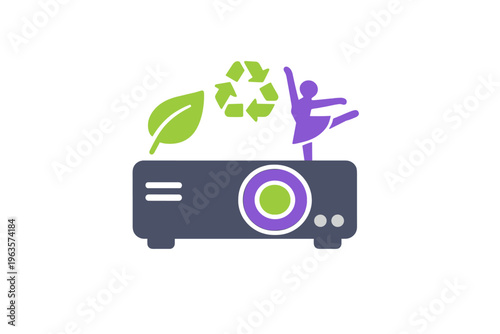 Illustration of a projector with a dancer and recycling symbols in a creative design