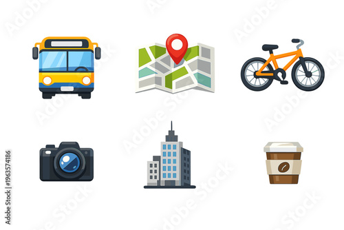 Bus, map, bicycle, camera, building, and coffee cup show city travel and activities in an urban setting during day time