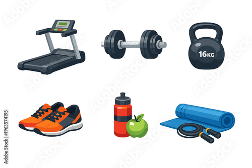 Fitness equipment and accessories for a workout in a gym setting during daytime