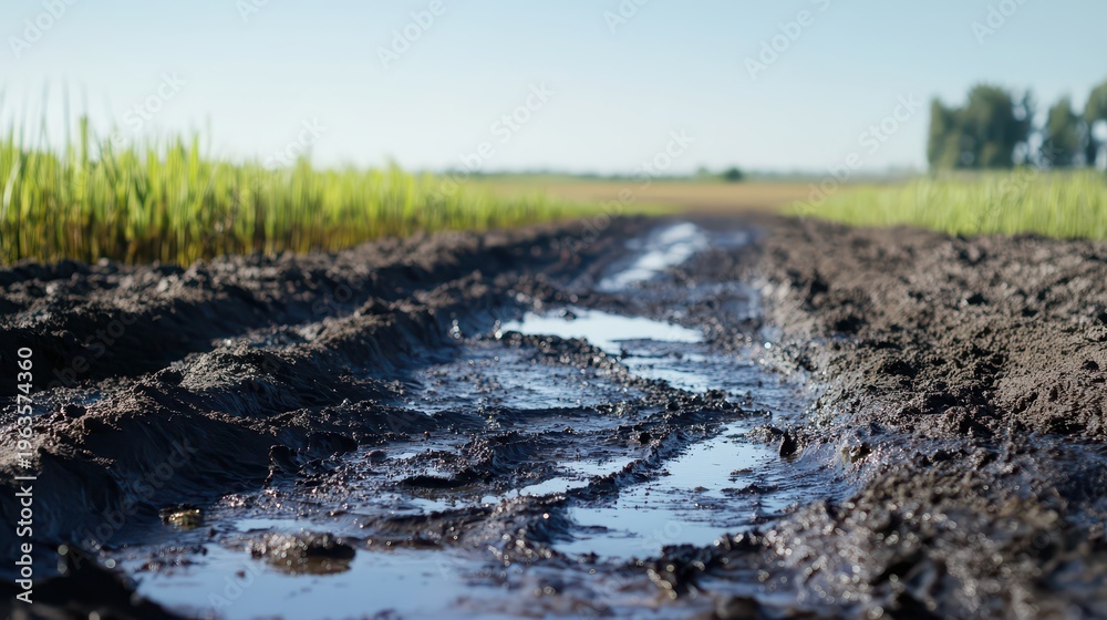 Obraz premium Muddy farm track with puddles and green vegetation under a clear sky