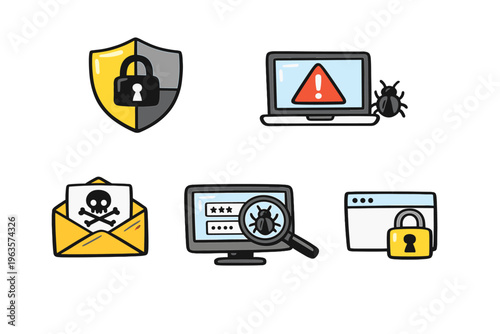 Cybersecurity icons showing threats and protection methods in a digital environment