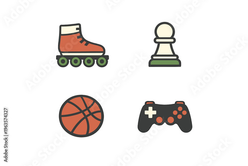 Various types of games and sports equipment including a roller skate, game piece, basketball, and game controller