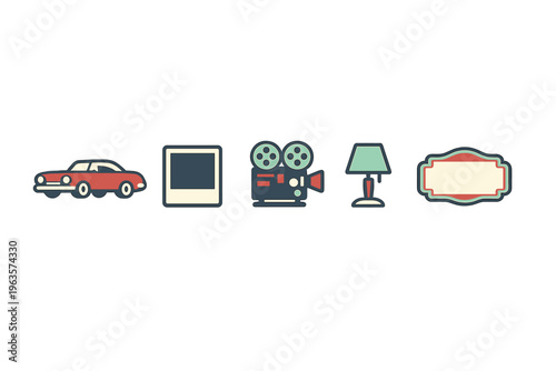 Vintage items including a car, film camera, lamp, and print, lined up on a white background