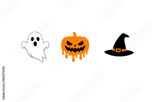 Funny ghosts, pumpkins, and witch hats for Halloween decorations and celebrations in October