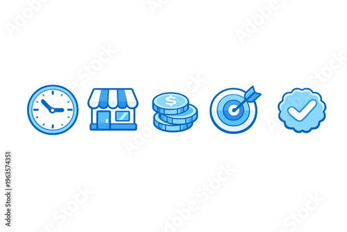 Various symbols showing time, business, money, target, and approval representing financial goals and business success