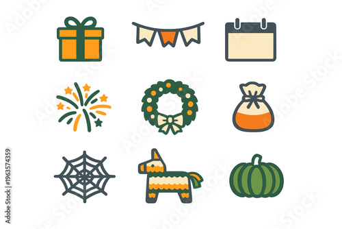Various icons show different festive themes including gifts, decorations, and seasonal items for celebrations and holidays